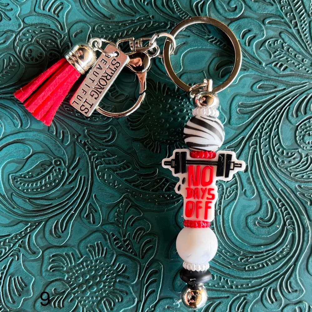 Key Chain “No Days Off” Focal , Red Leather Tassel Silicone Beads, Charm